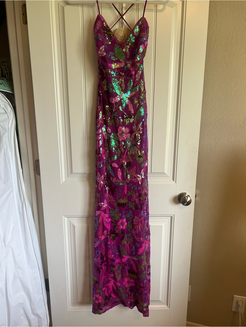 LuLus Magenta Iridescent Sequin Lace-Up Maxi Dress - Picture 3 of 5